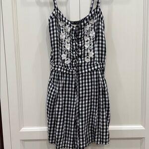 Hollister Black&White checker romper with floral embroidery lace up front Medium